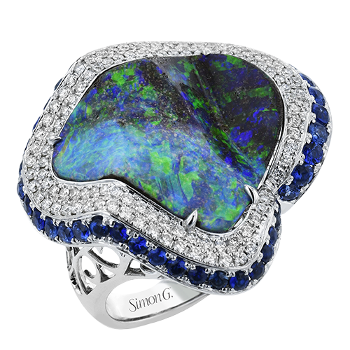 Opal and Sapphire Halo Ring in 18k Gold with Diamonds