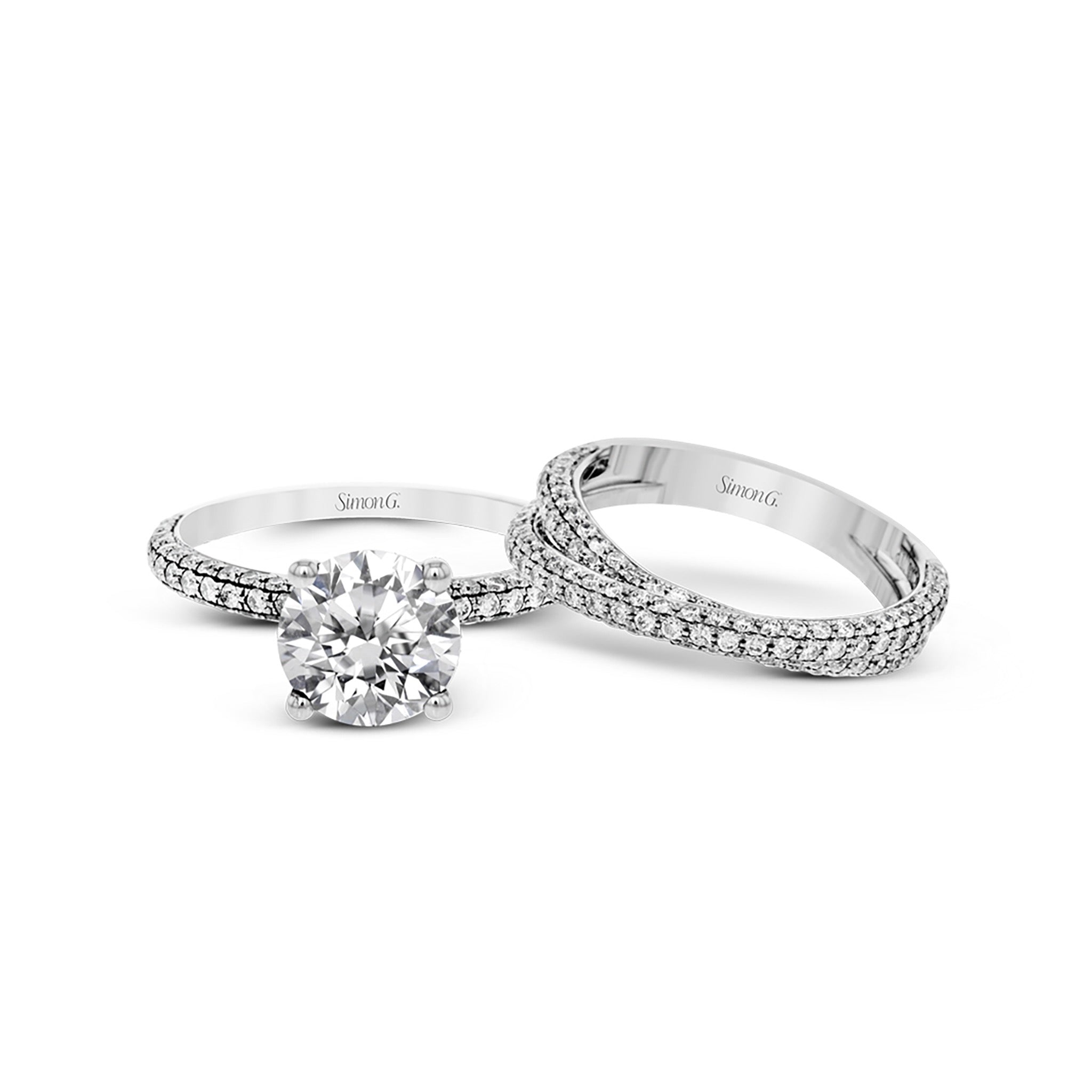 Round-cut Criss-cross Engagement Ring & Matching Wedding Set in 18k Gold with Diamonds