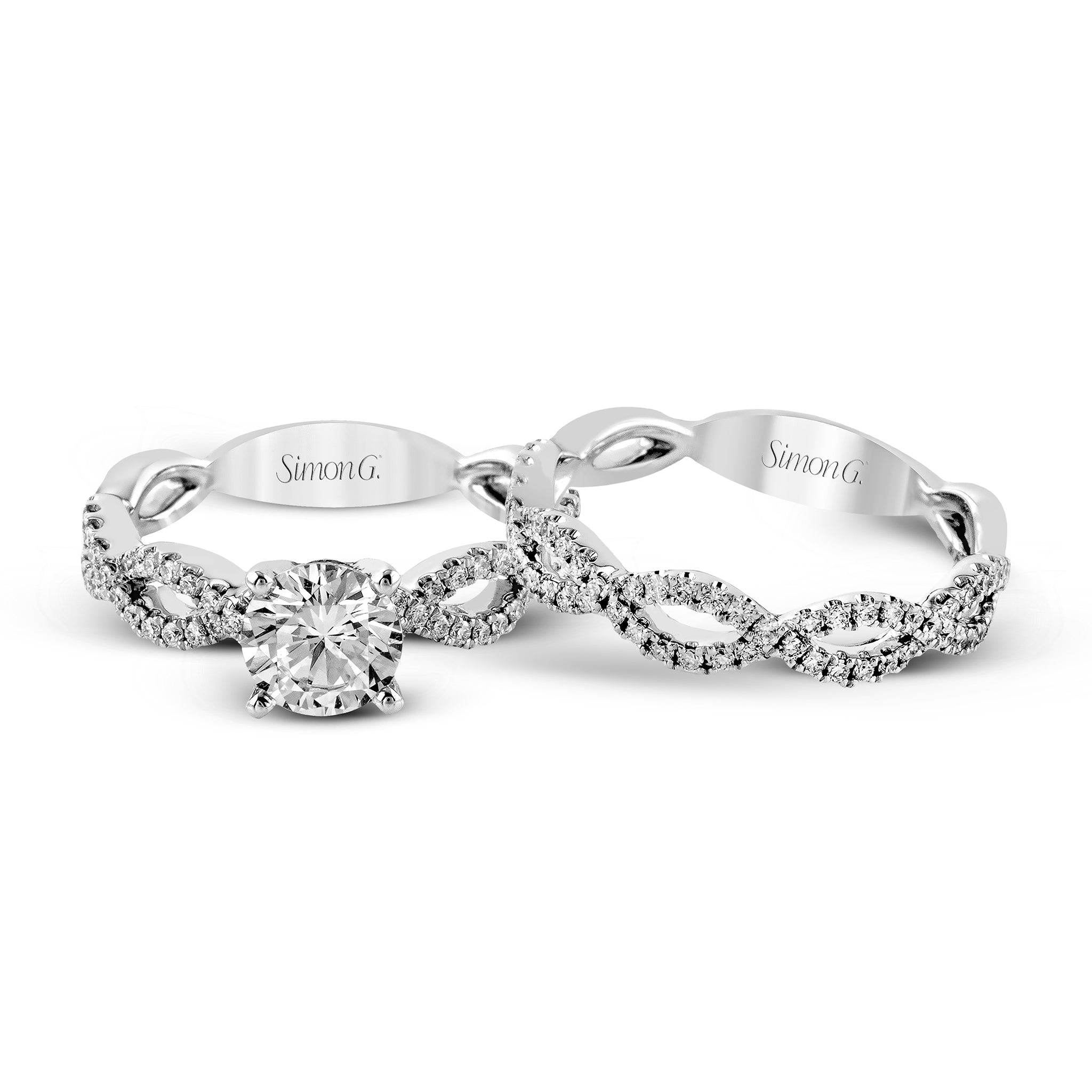 Round-cut Criss-cross Engagement Ring & Matching Wedding Band in 18K Gold with Diamonds