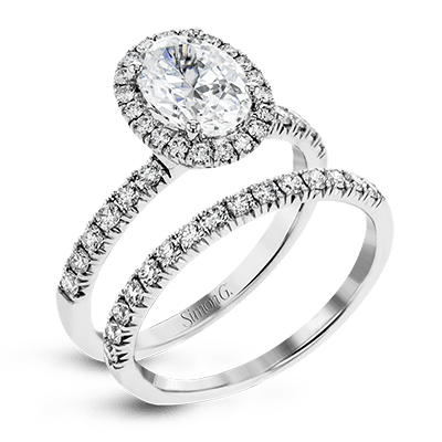 Oval-cut Halo Engagement Ring & Matching Wedding Band in 18K Gold with Diamonds