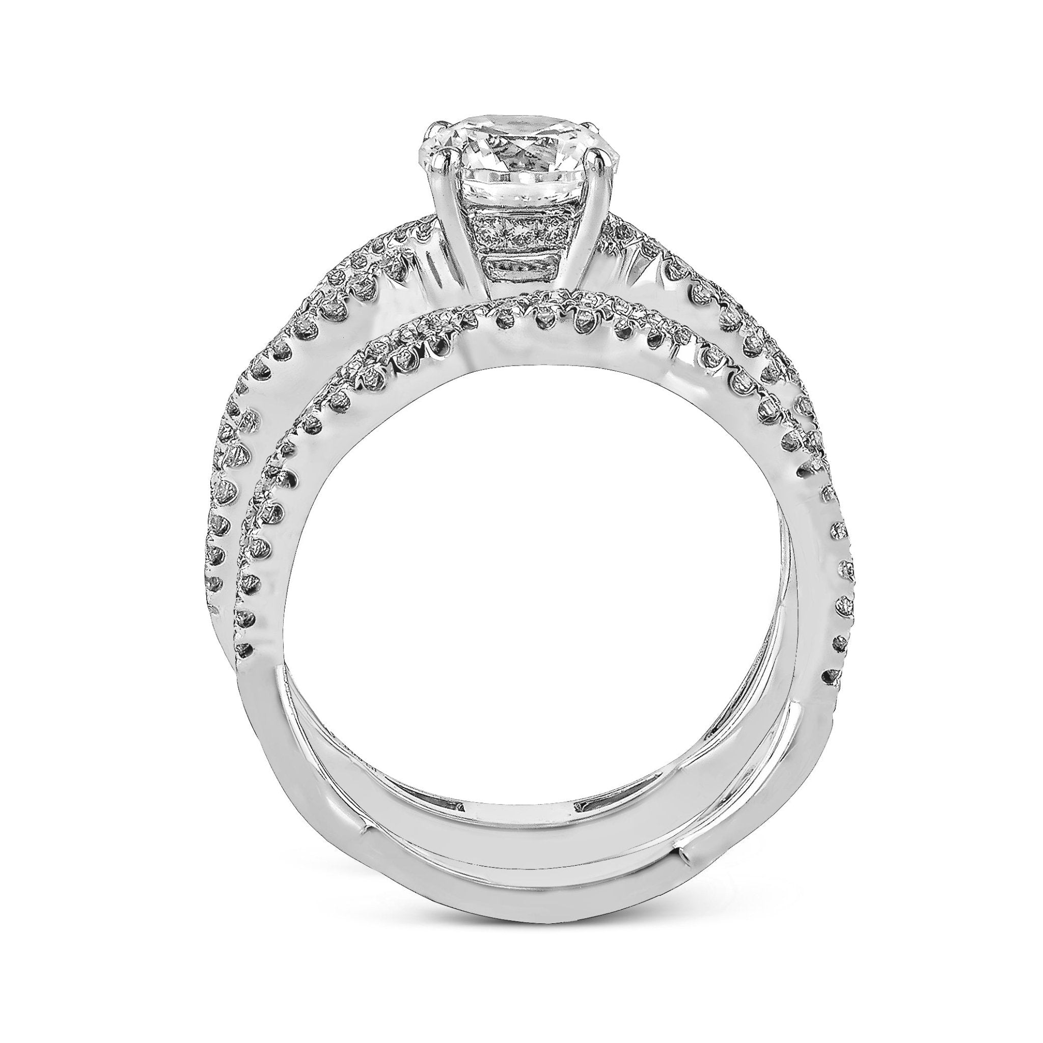 Round - cut Criss - cross Engagement Ring & Matching Wedding Band in 18K Gold with Diamonds - Simon G. Jewelry
