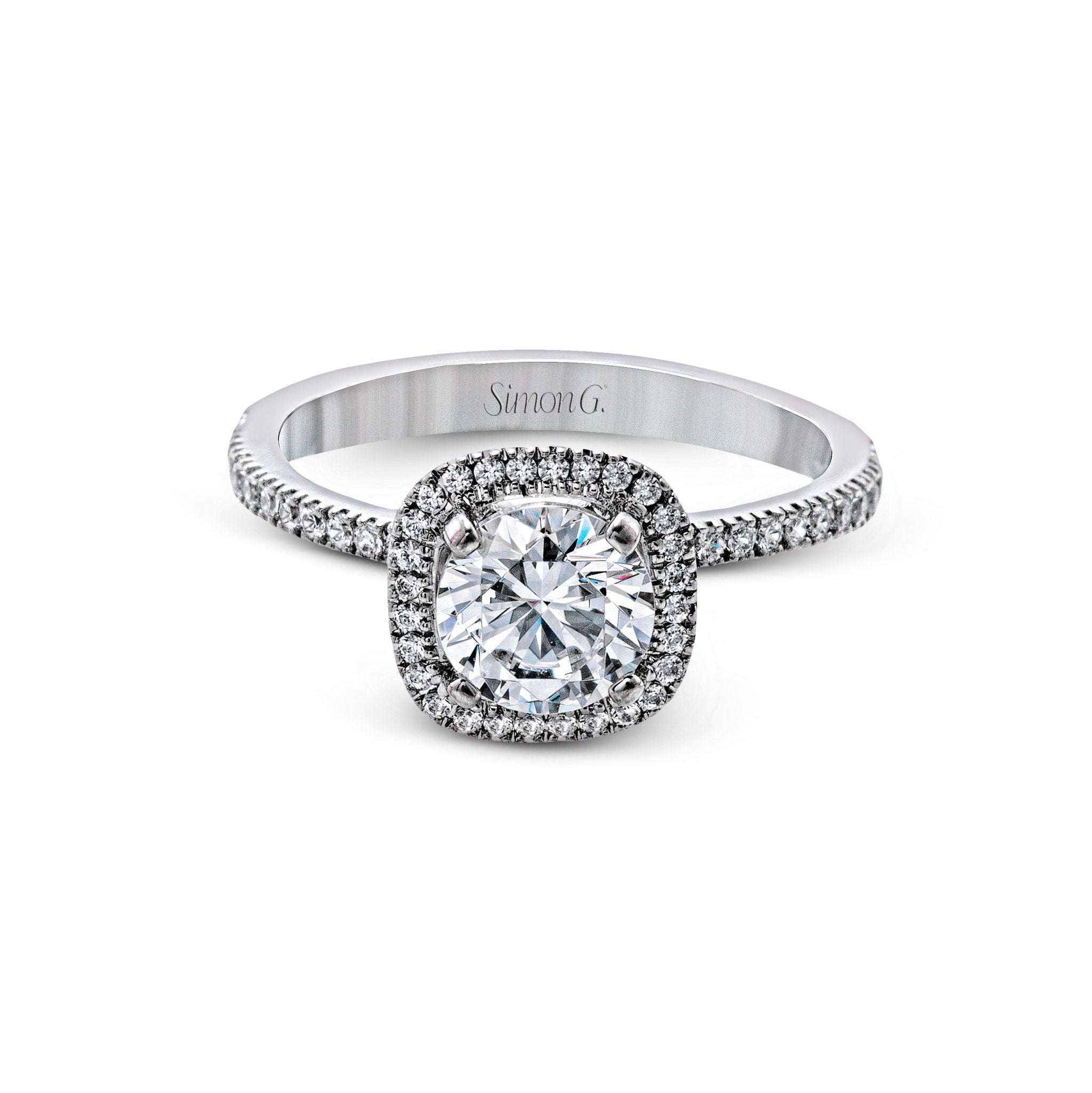 Round - cut Halo Engagement Ring & Matching Wedding Band in 18k Gold with Diamonds - Simon G. Jewelry
