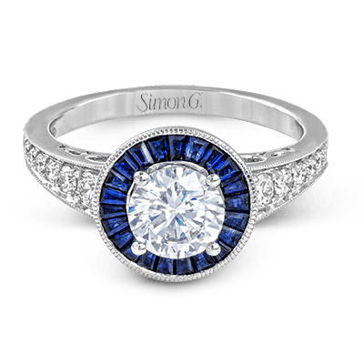 18k White Gold Baguette Sapphire Halo Engagement Ring LR1028