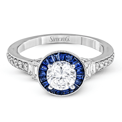 18k White Gold Baguette Sapphire Halo Engagement Ring LR1029