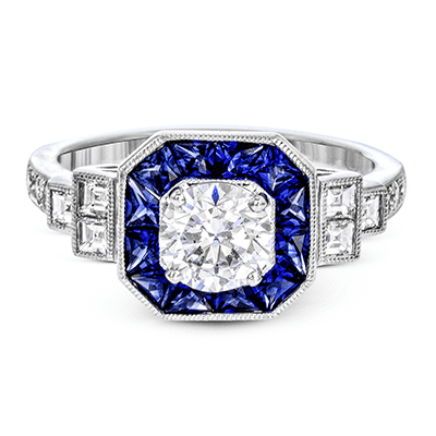 18k White Gold Halo Engagement Ring with Baguette Sapphires and Princess Cut Diamonds