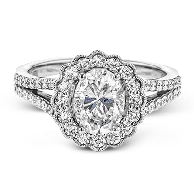 Scalloped Halo Flower Shape Engagement Ring in White Gold