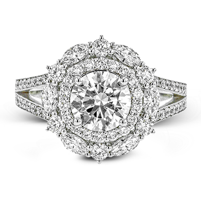 18k White Gold Diamond Halo Engagement Ring with Marquise Accents