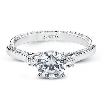 Milgrain Diamond Side Stone Engagement Ring in White Gold