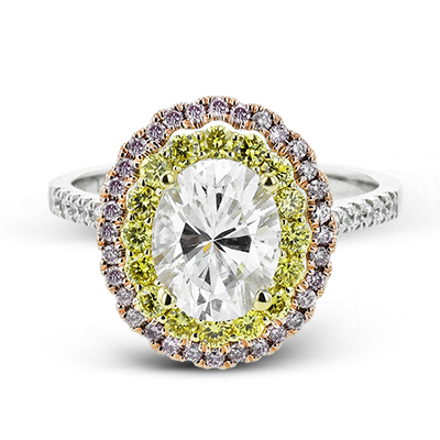 Tri-Color Oval Halo Engagement Ring with Yellow and Pink Diamonds