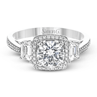 White Gold Filigree Engagement Ring with Trapezoid Diamonds