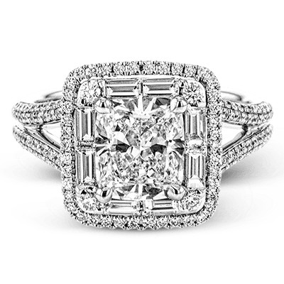 Square Halo Split Shank White Gold Engagement Ring with Baguette Diamonds