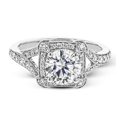 White Gold Vintage Style Engagement Ring with Milgrain Detail and Diamonds