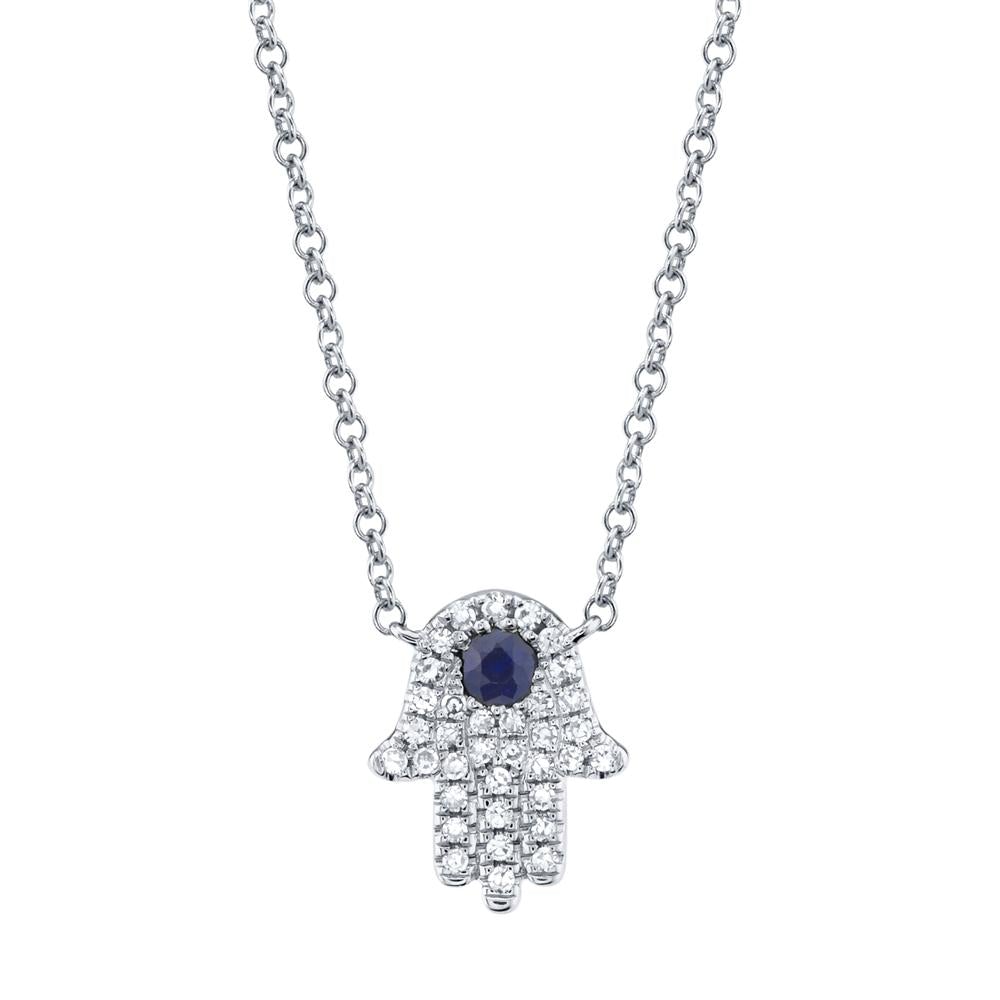 0.09CT DIAMOND & 0.08CT BLUE SAPPHIRE HAMSA NECKLACE