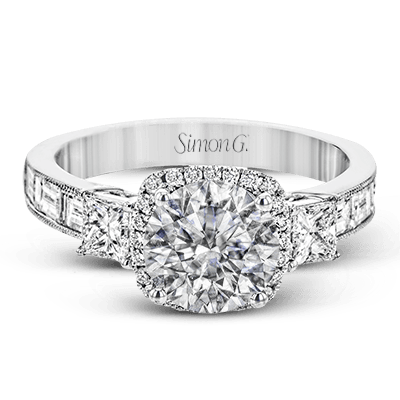 White Gold Halo Engagement Ring with Round, Princess, and Baguette Diamonds