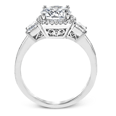 White Gold Halo Engagement Ring with Round, Princess, and Baguette Diamonds