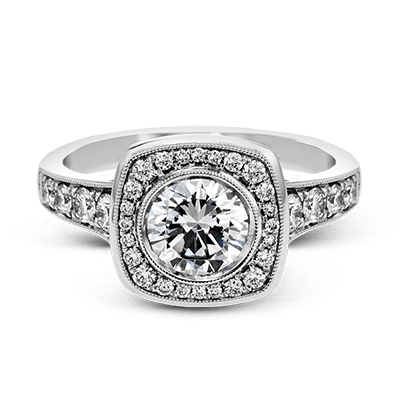 Square Halo White Gold Engagement Ring with Milgrain Detail and Diamond Accents